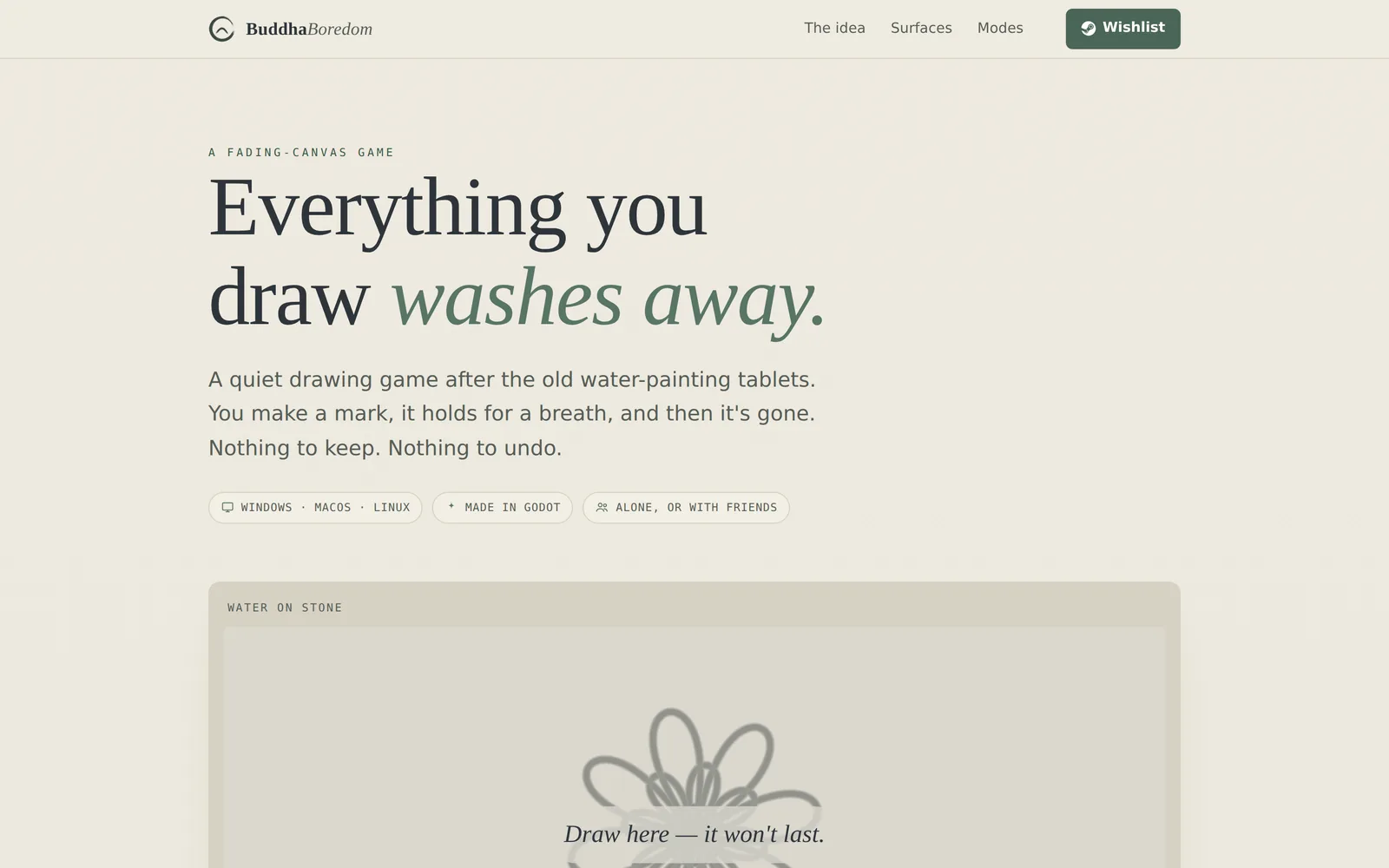 The BuddhaBoredom website on desktop — a warm, minimal page introducing the calming fading-canvas game above a wishlist-on-Steam call to action