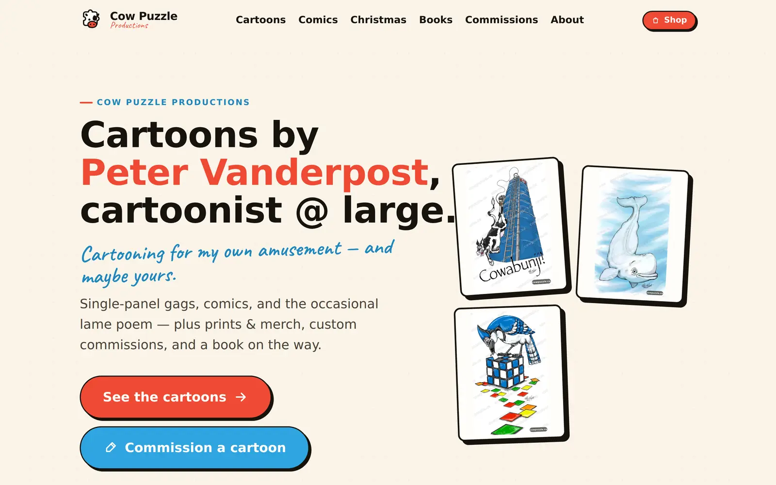 The Cow Puzzle Productions website on desktop — a bright, gallery-forward home for a cartoonist, with a grid of cartoons and a shop button in the header